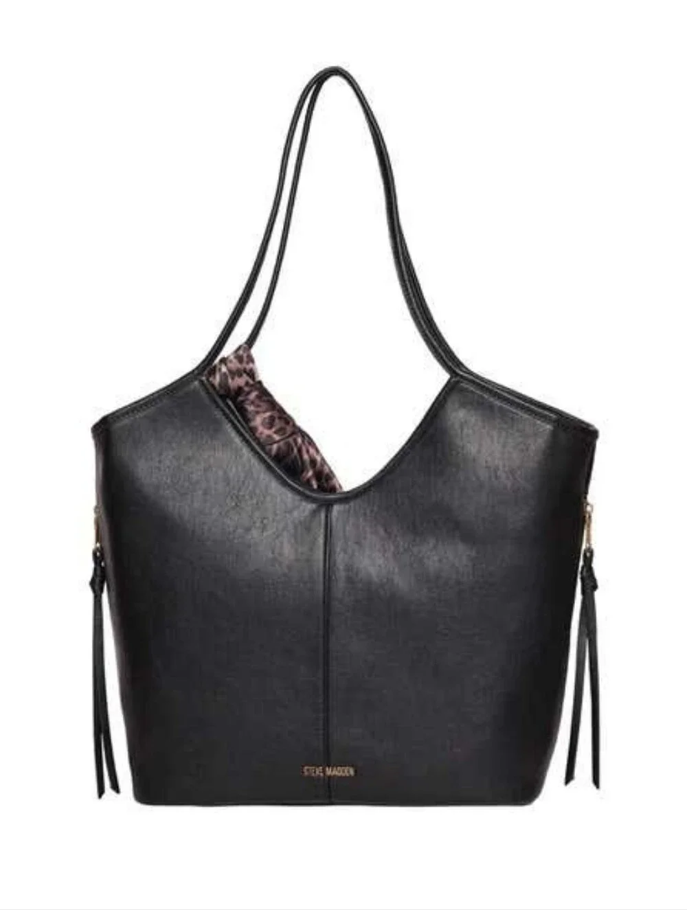 Steve Madden Black Tote with Patterned Scarf Accent